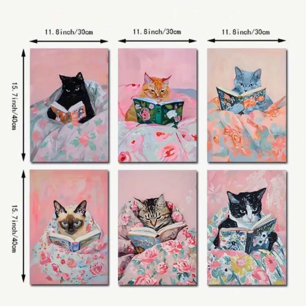 Set of 6 Cat Reading Book Canvas Posters Art Prints, Frameless (Lg) - Picture 3 of 15